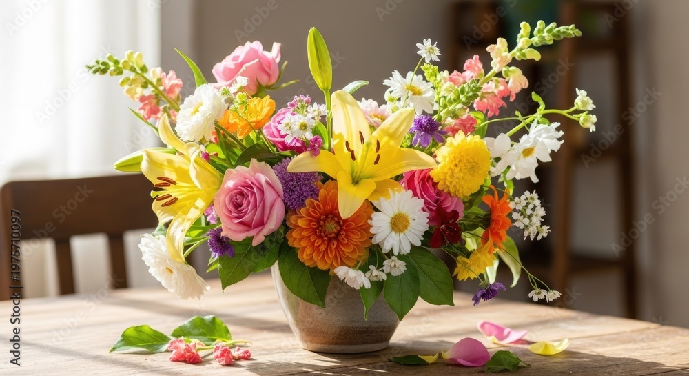 Fototapeta premium Vibrant floral arrangement in a vase still life with spring blossoms