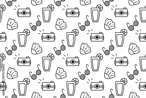 Summer Endless Background Vector Illustration. Seamless Pattern with Sunglasses, Cocktails, Seashell, Camera. 