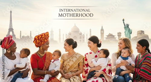 Global unity diverse women and children with world landmarks in background