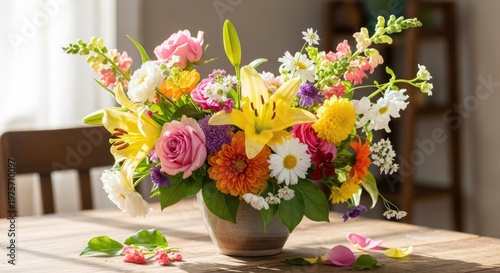Vibrant floral arrangement in a vase still life with spring blossoms