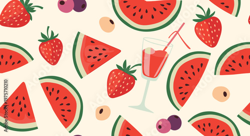 Refreshing summer pattern featuring slices of watermelon, whole strawberries, and a glass of red juice against a soft cream background.