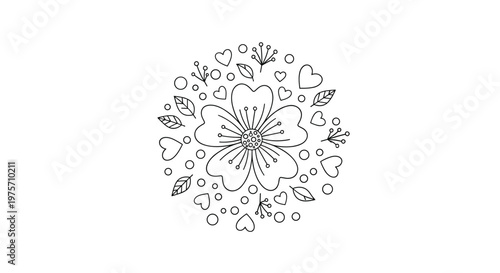 Hand-drawn floral circular frame featuring a central flower with surrounding hearts and leaves perfect for coloring books and creative art.