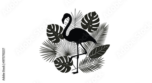 Elegant black silhouette of a flamingo standing among tropical palm and monstera leaves isolated on a white background for summer themes.