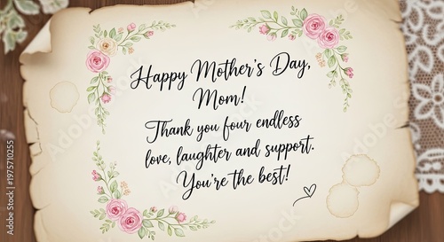 Vintage mother's day card with floral accents and handwritten message