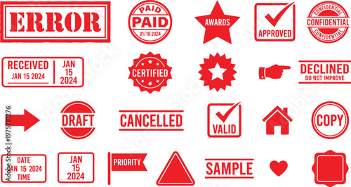 Red Rubber Office Stamp Set with Error Paid Approved Certified Declined Cancelled Sample Valid and Confidential Symbols on White Background