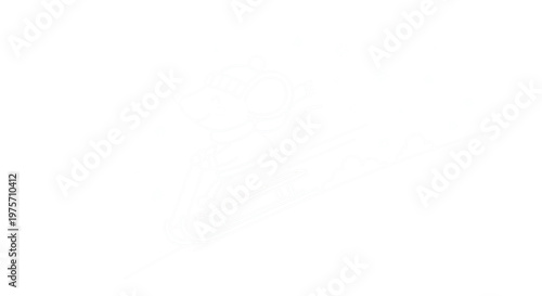 Faint line art drawing of a cute dog riding on a wooden sled through a snowy winter landscape with stars for festive holiday projects.