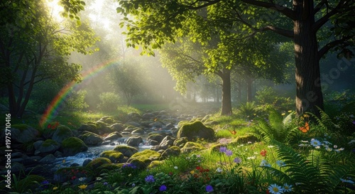 Enchanted forest stream sunlight filtering through lush green canopy