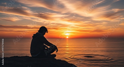 Solitary figure contemplating a vibrant sunset over the ocean