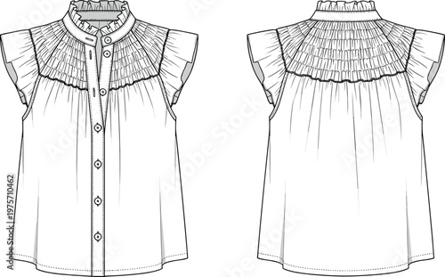 Victorian Style Smocked High Neck Sleeveless Blouse Technical Flat Sketch Fashion Illustration Vector Template for Women Front and Back View