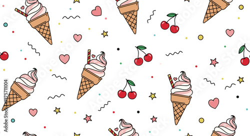 Sweet seamless pattern displaying pink soft serve ice cream cones with cherries, stars, and hearts for a fun dessert theme.
