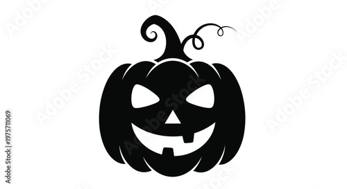 Classic black silhouette of a carved halloween jack-o-lantern pumpkin with a spooky face on a white background for logos.