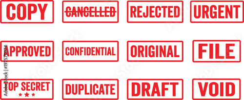 Red ink rubber stamp collection featuring business office text icons like approved, confidential, urgent, rejected, top secret, cancelled and draft
