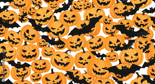 Festive halloween seamless pattern filled with glowing orange jack-o-lanterns and black bats flying across the design.