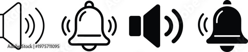 Outline and Solid Icons of Sound Speaker and Bell Symbols Keywords: sound, speaker, volume, bell, notification, alert, ring, audio, music