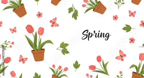 Cheerful spring seamless pattern with pink tulips in terracotta pots, fluttering butterflies, and green leaves on white.