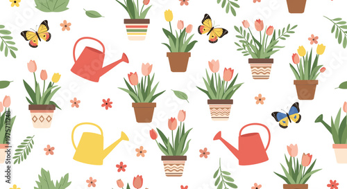 Charming seamless pattern featuring various potted flowers, colorful watering cans, and fluttering butterflies for garden lovers.