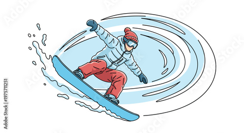 Action shot of a snowboarder sliding down a snowy mountain with a dynamic blue swirl effect for winter sports concepts.