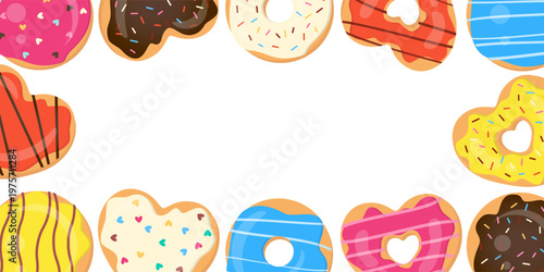 Donuts Horizontal Banner. Sweet Cookies Background. Doughnut Dessert Border Frame with Space for Text. Backdrop for Birthday, Sweetest Day, Donut Day, Confectionary. 