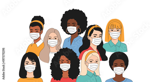 Diverse group of women from various ethnicities wearing protective face masks for health and safety in a public setting.