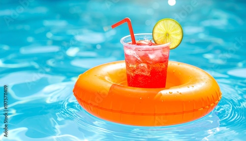 Refreshing Summer Drink Floating in Pool