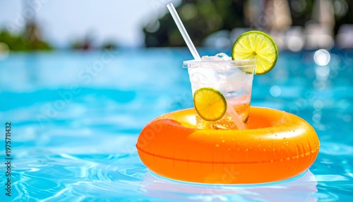 Refreshing Summer Drink Floating in Pool