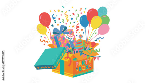 Colorful birthday gift box with balloons.