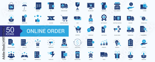 Online Order icon collection set Flat Blue with courier, product return, truck, fast delivery, fragile, packing, warehouse, process automation, product list, delivery, 