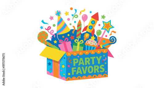 Colorful party favors box with confetti.