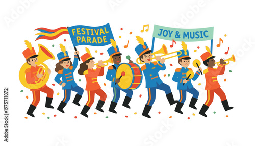 Vibrant festival parade with musicians marching.