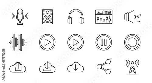 Audio and media control line icons set vector illustration, sound recording and playback tools, music streaming and sharing symbols, modern outline pictograms