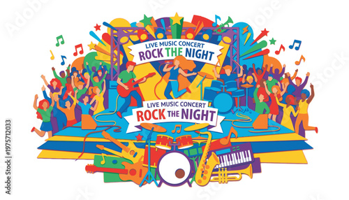 Vibrant music festival crowd illustration with colorful design.