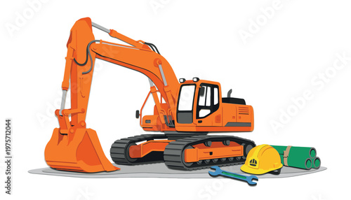 An orange excavator with construction tools.