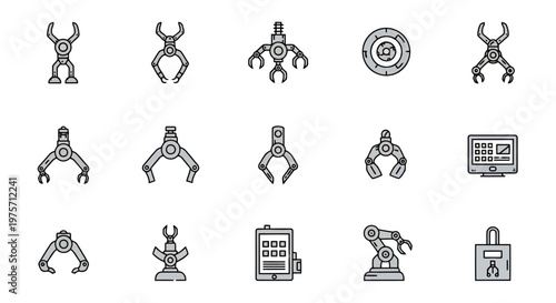 Industrial robotic arm icons collection with various mechanical grippers automation tools computer control screen factory manufacturing equipment and hydraulic crane parts for smart engineering tech