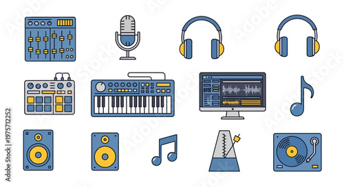 Collection of music production and audio equipment icons with mixing console, microphone, headphones, keyboard, DAW software, music notes, speakers, metronome, and turntable