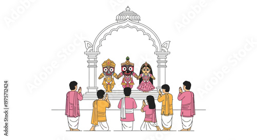 Devotional scene depicting hindu deities and worshippers in prayer