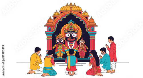 Devotees praying before a colorful hindu temple and deity statues