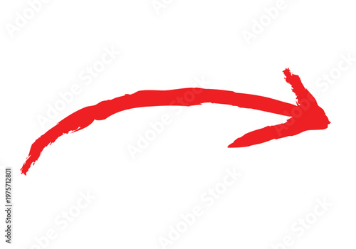 Thick red hand drawn arrow with brush texture on transparent background.