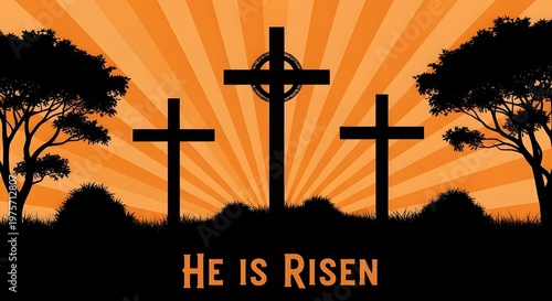Easter Resurrection Silhouette with Three Crosses and Sunburst Background