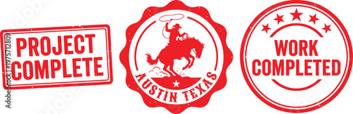 Red rubber stamp collection with project complete work completed and Austin Texas cowboy icons isolated on white background for business approval and logistics documentation