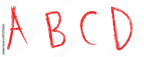 Red hand drawn alphabet letters collection with grunge texture isolated on transparent background.