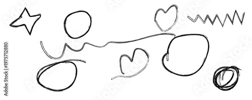 Assortment of hand-drawn black sketch elements star circle heart zig zag.