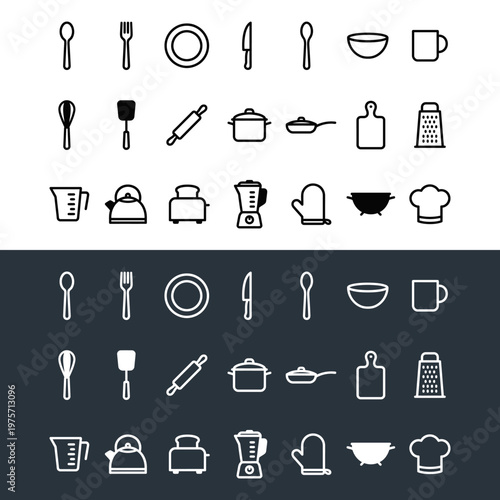 Kitchen Utensils and Dishware Icons.