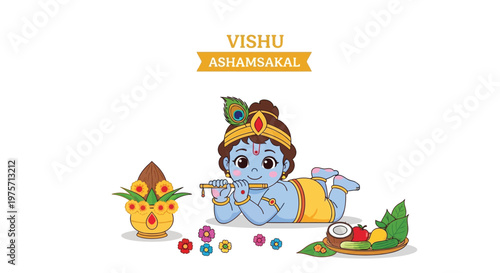 Festive illustration of baby krishna playing a flute with offerings