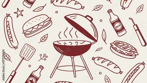 A minimalist, two-tone seamless pattern illustration themed around a summer barbecue. Set against a light cream background, the hand-drawn elements are rendered in a deep reddish-brown line art style.