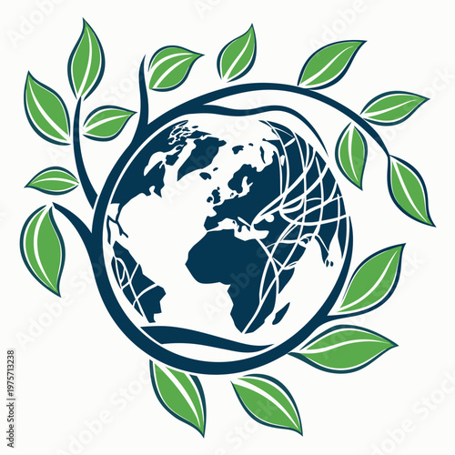 Earth globe surrounded by green leaves and branches symbolizing ecology