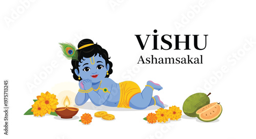 Illustration of baby krishna with festive decorations and traditional elements
