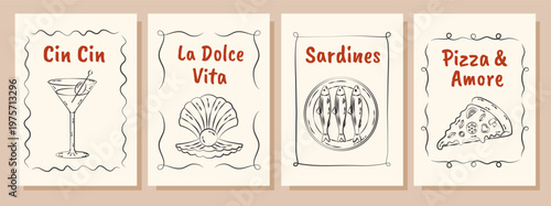 Italian summer posters and cards in hand drawn whimsical style. Mediterranean. La Dolce Vita. Amalfi coast.