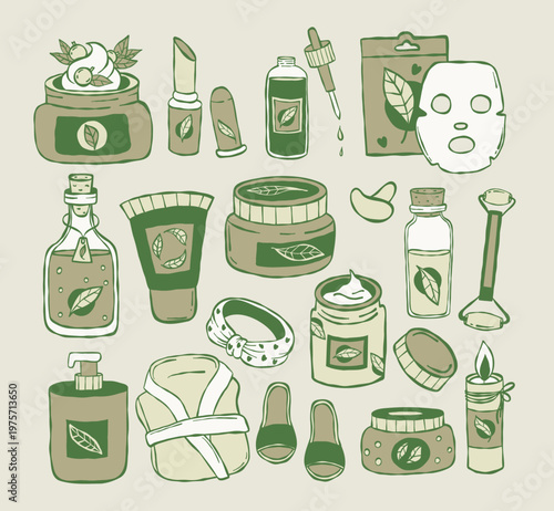 Skin Care and Home Spa Set. Bathrobe, Slippers, Face Massage Roller, Cream Jars, Serum Dropper, Lipstick, Lotion and Eye Patches. Isolated Green hand-drawn Doodle. Vector Illustration