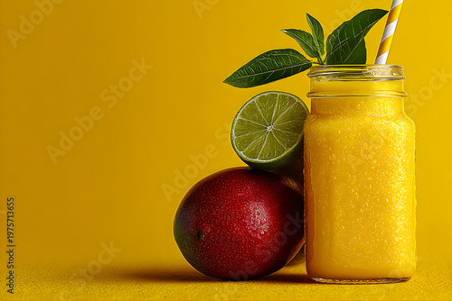 Cold mango smoothie in glass jar with lime slice and whole mango on yellow background