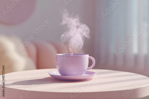 Hot coffee or tea in purple ceramic cup with swirling steam on pink table